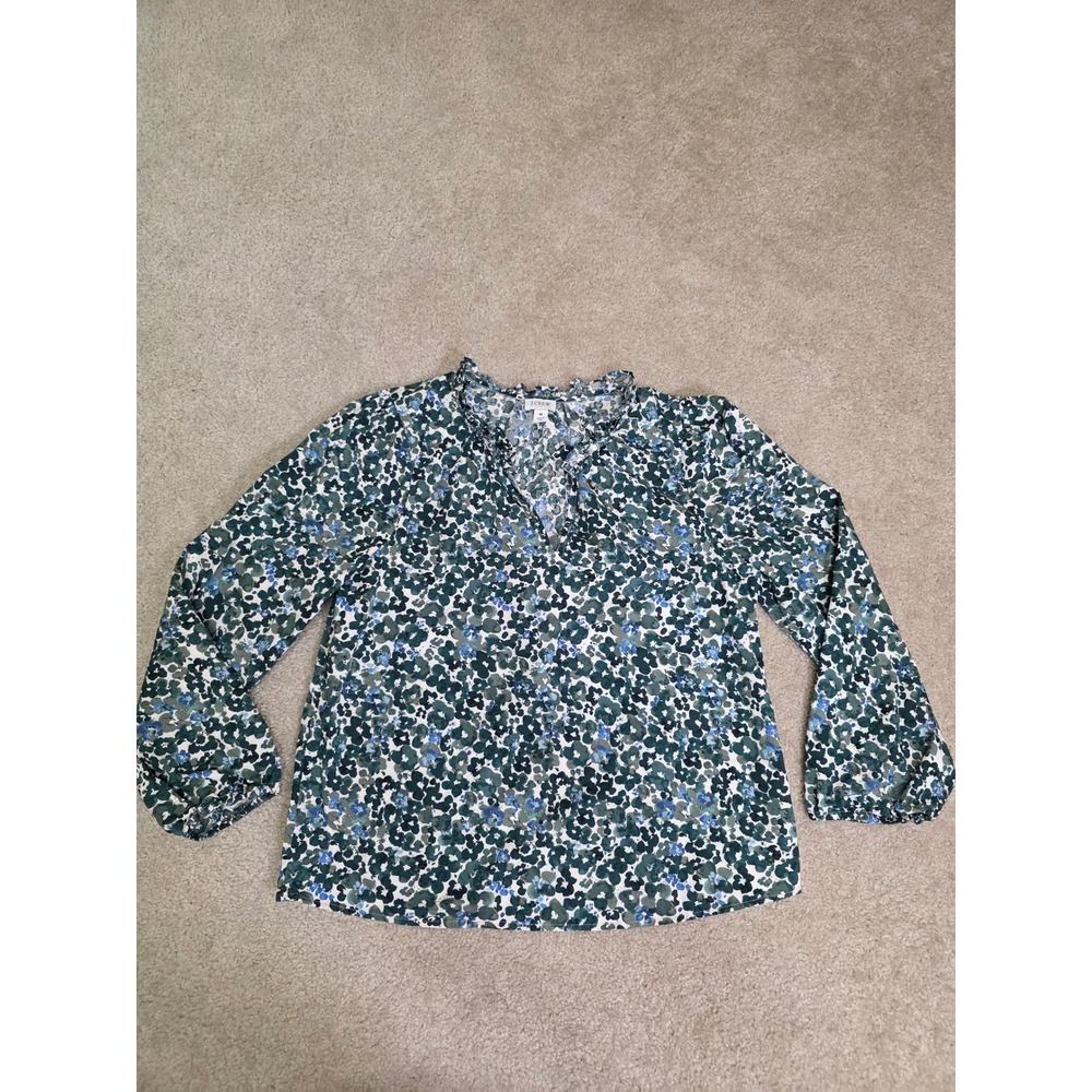 J.Crew Womens Green Blue Floral Ruffle Neck Long Sleeve Blouse Size M cotton